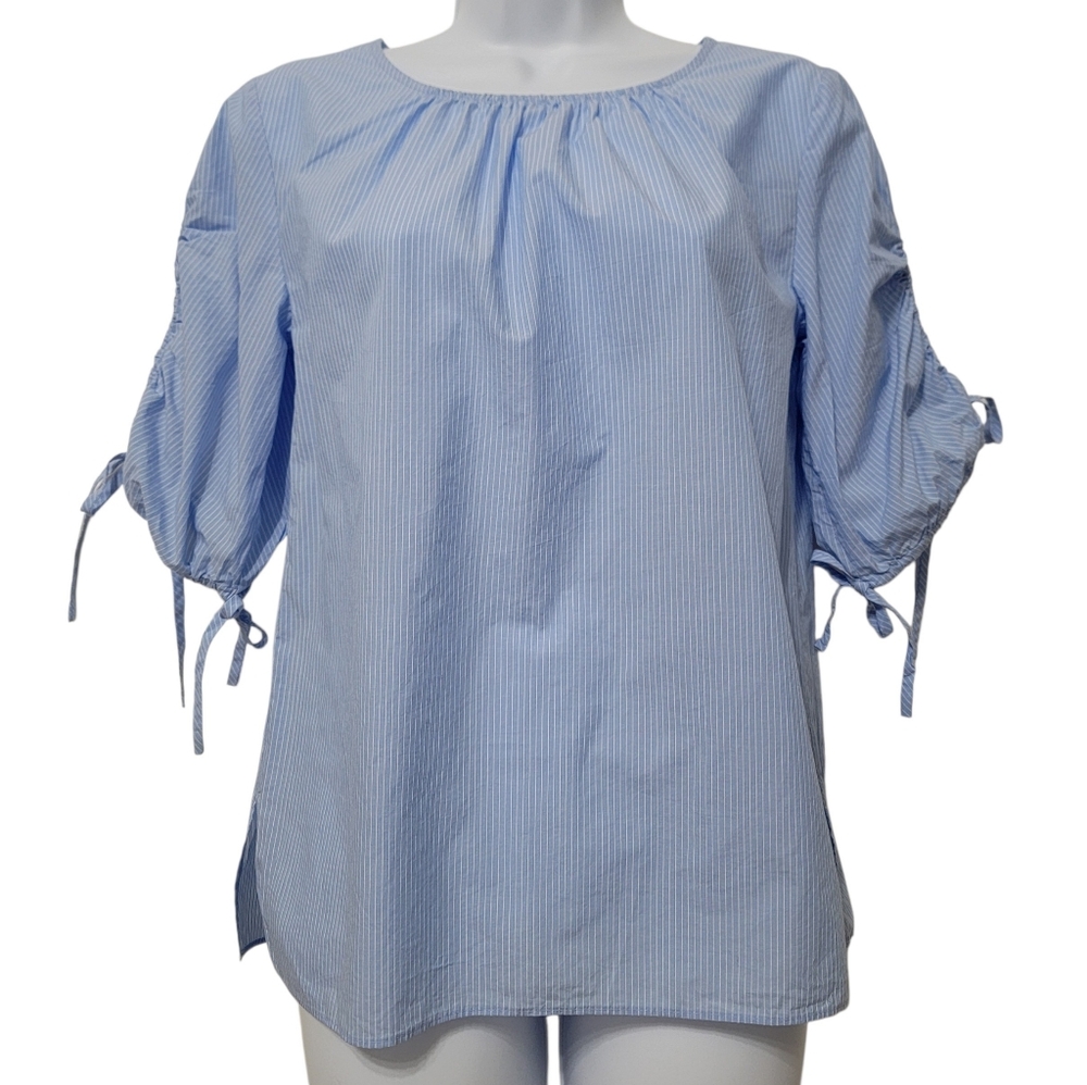 Ann Taylor | Pin Stripe Top Split Tie Elbow Sleeves Blue White 100% Cotton